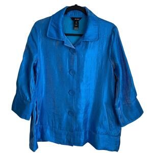 Ali Miles Blue Shimmer Jacket Sz M Button Front Pockets Collared Lagenlook Chic
